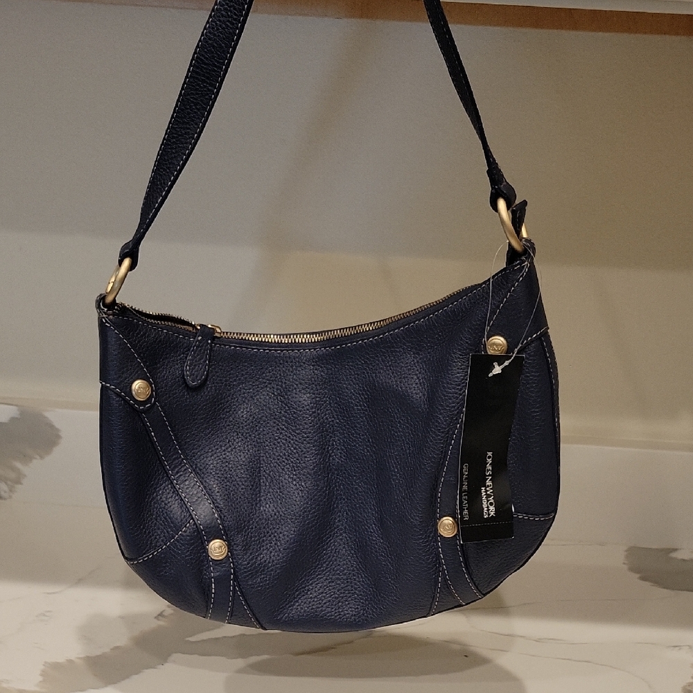 Jones Of NY Navy Blue Leather Shoulder Bag NWT